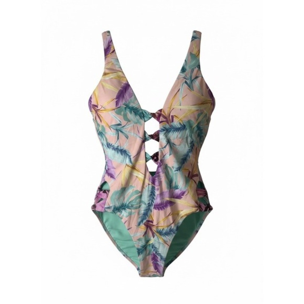Bar III Womens‎ Tropical Print Lattice One Piece Swimsuit Pink Green Small NEW